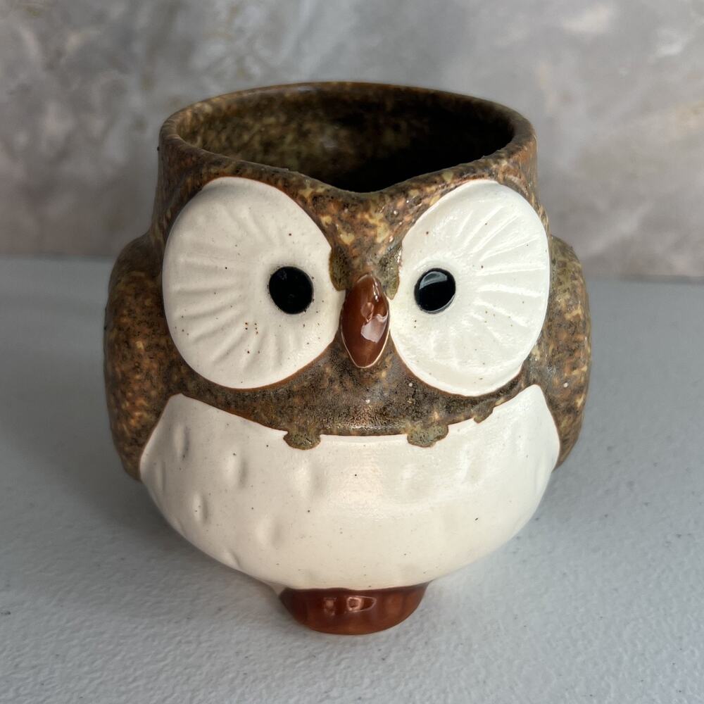 Studio Art Pottery Mug Owl Brown Speckled Hand Painted Matte Unmarked